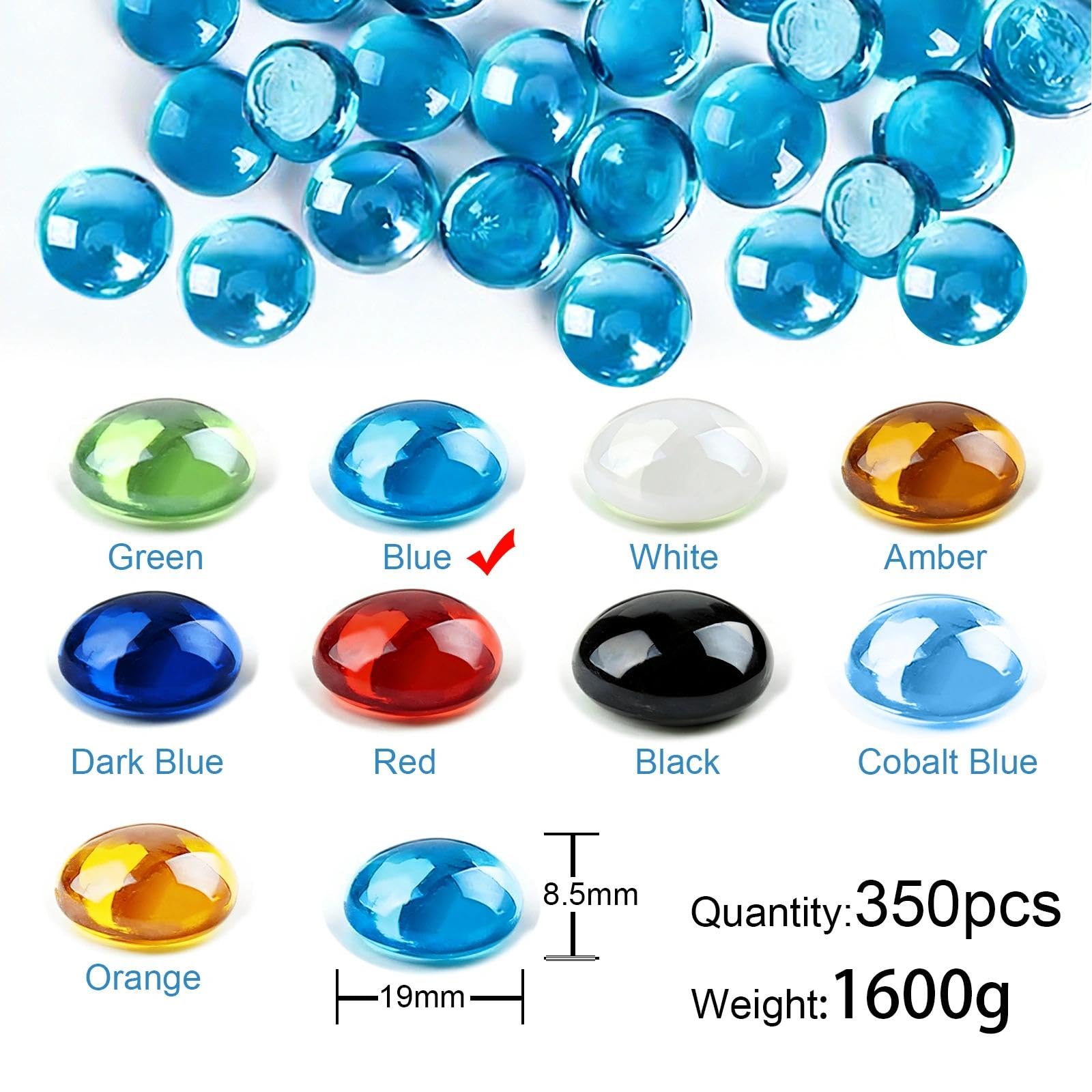 1600 g Billes Plates, Galets de Verre Bleu Billes de Verre Plat 17-19 mm, Perles de Verre pour Vases Galets Décoratifs pour DIY Vases Aquariums Pots de Fleurs(env. 350 pcs)