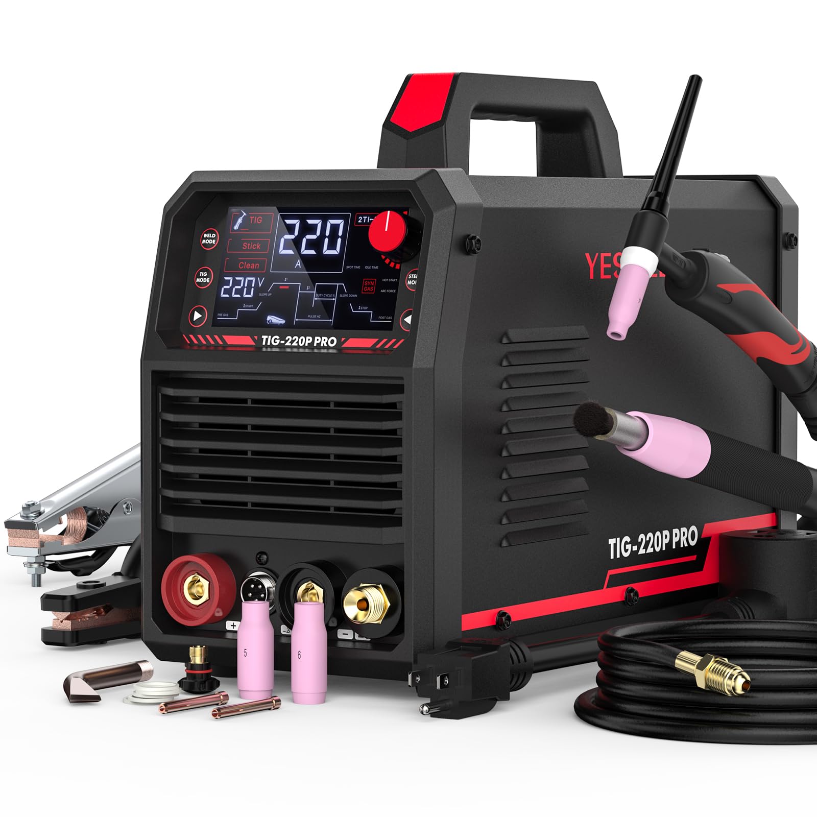 YESWELDER Soldador TIG de 220 A 5 en 1 con pulso, 110 V/220 V de doble voltaje ELECTRODO/CC TIG/PULSO TIG/PUNTO FRÍO TIG/MODO DE LIMPIEZA DE SOLDADURA con arranque HF, post-gas automático, interfaz de