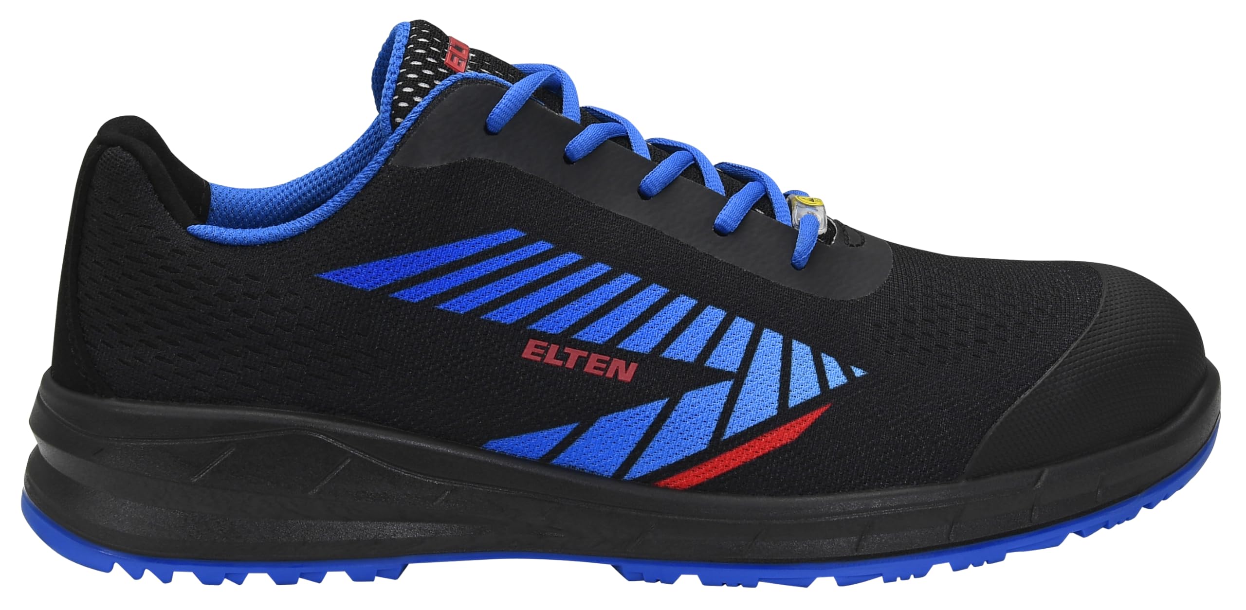 ELTEN Obuwie ochronne Larkin XXSports Black-Blue Low ESD S1, dla kobiet i mężczyzn, tekstylne, stalowe noski, lekkie, sportowe, czarne/niebieskie