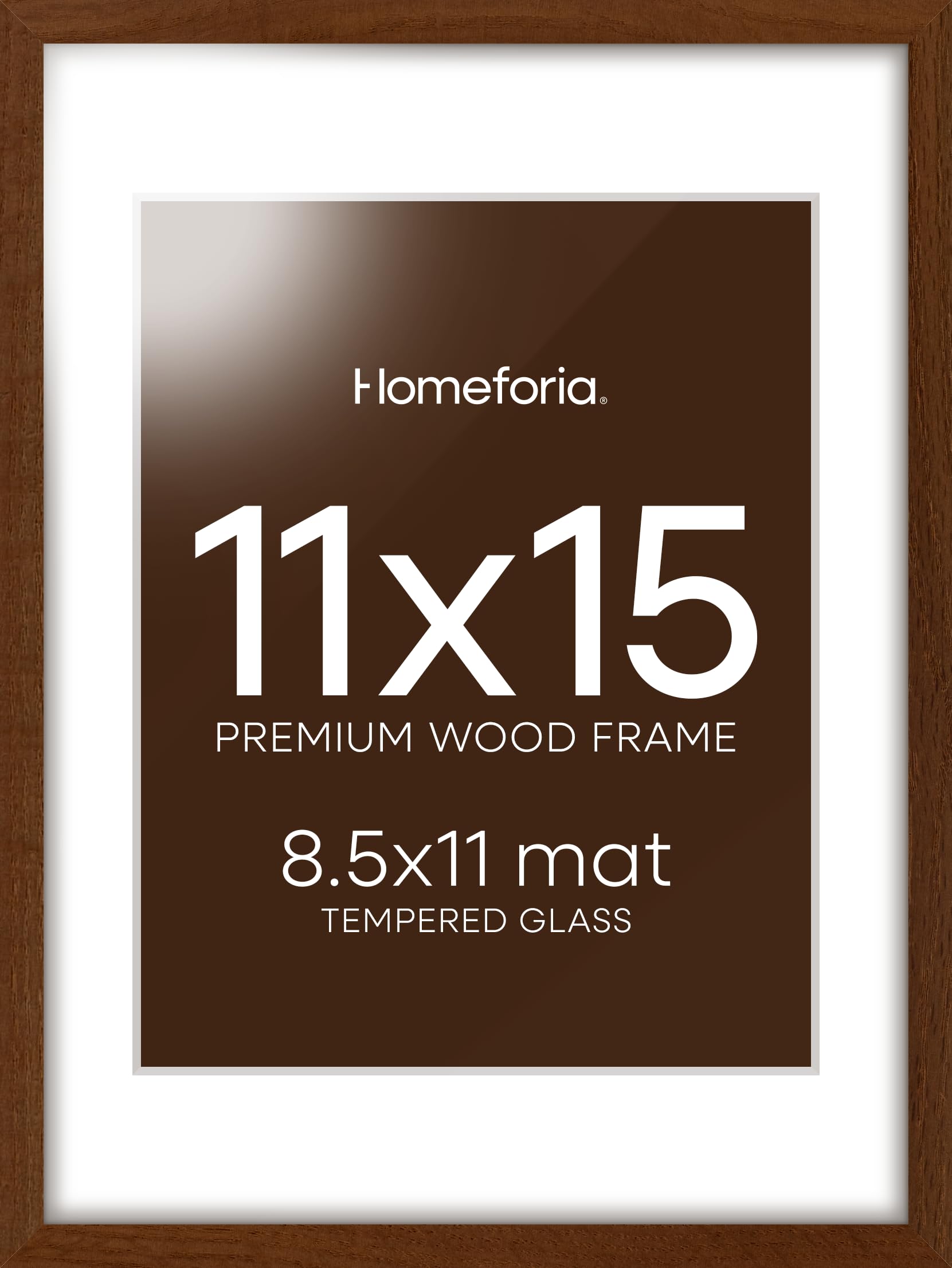 Homeforia 11x15 Brown Oak Picture Frame, High-End Wood, 8.5x11 Mat, Glass | High End Solid Oak Wood, Tempered Glass, Acid-Free 8.5x11 Removable Mat, 11x15 Edge-to-Edge Display 15x11, Wall Kit, Set Of 2