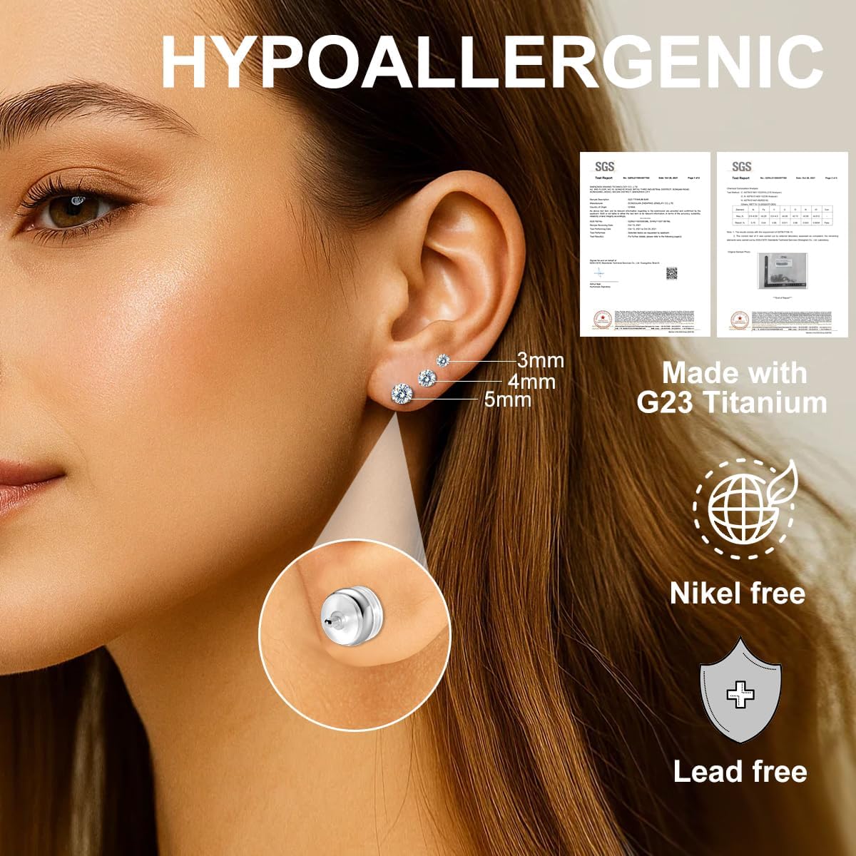 VOJO 3-Pairs G23 Titanium Moissanite Stud Earrings, Hypoallergenic Earrings for Women & Men - Image 2
