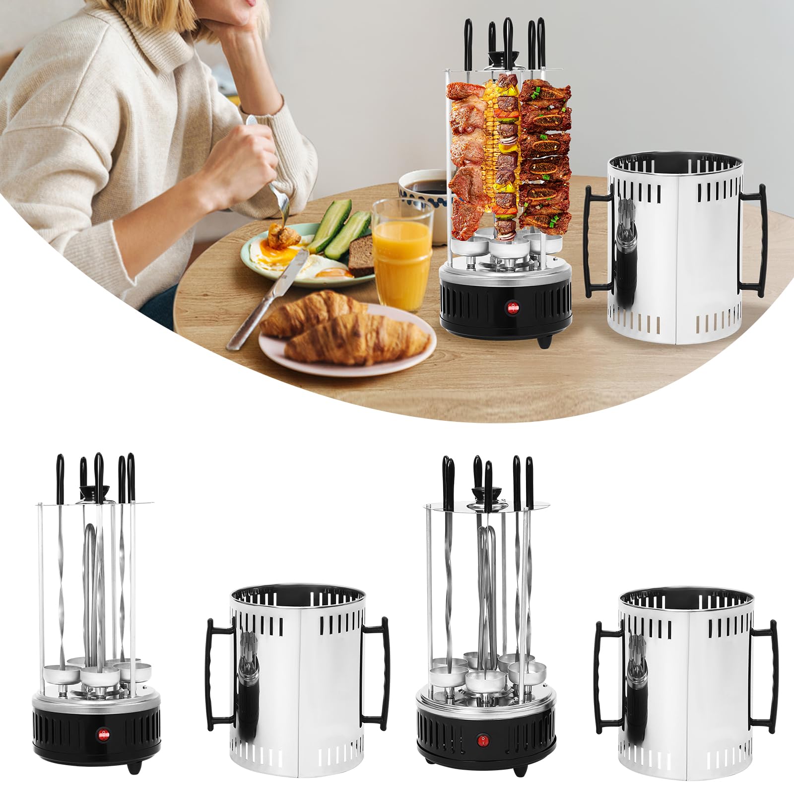 Pionowy grill elektryczny z 5/6 szpikulcami | automatyczna rotisseria 1000 W | niski poziom dymu i zdrowy | na rodzinne posiłki lub do gastronomii | stal nierdzewna | łatwy do czyszczenia