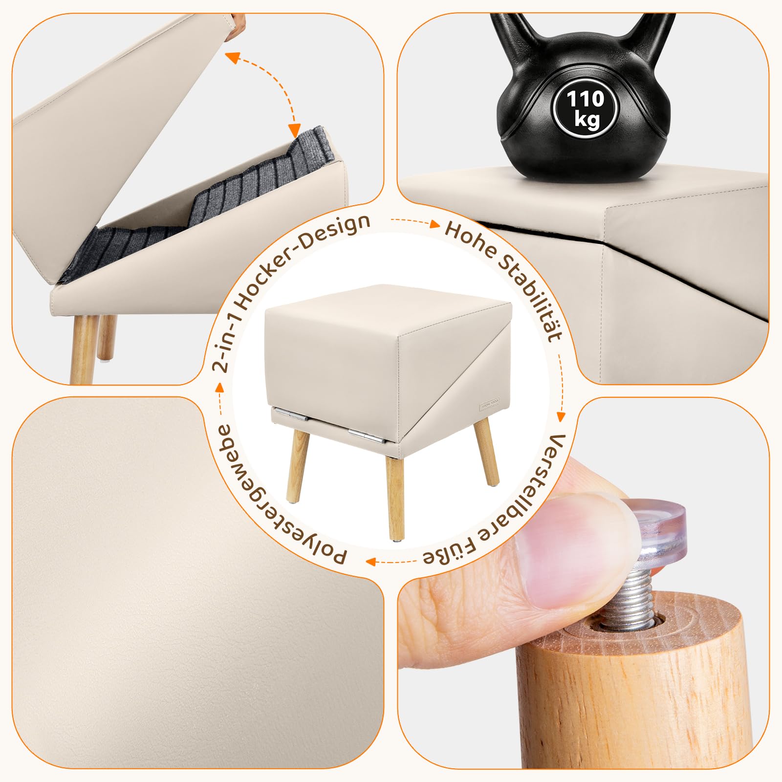 Hundetreppe für kleine mittlere & große Hunde, Katzen, Welpen & Senioren, 43 cm hohe 4-stufige 2-in-1 Massivholz-Treppe mit Split-Ottomane, klappbare rutschfeste Hunderampe für Sofa (Beige)