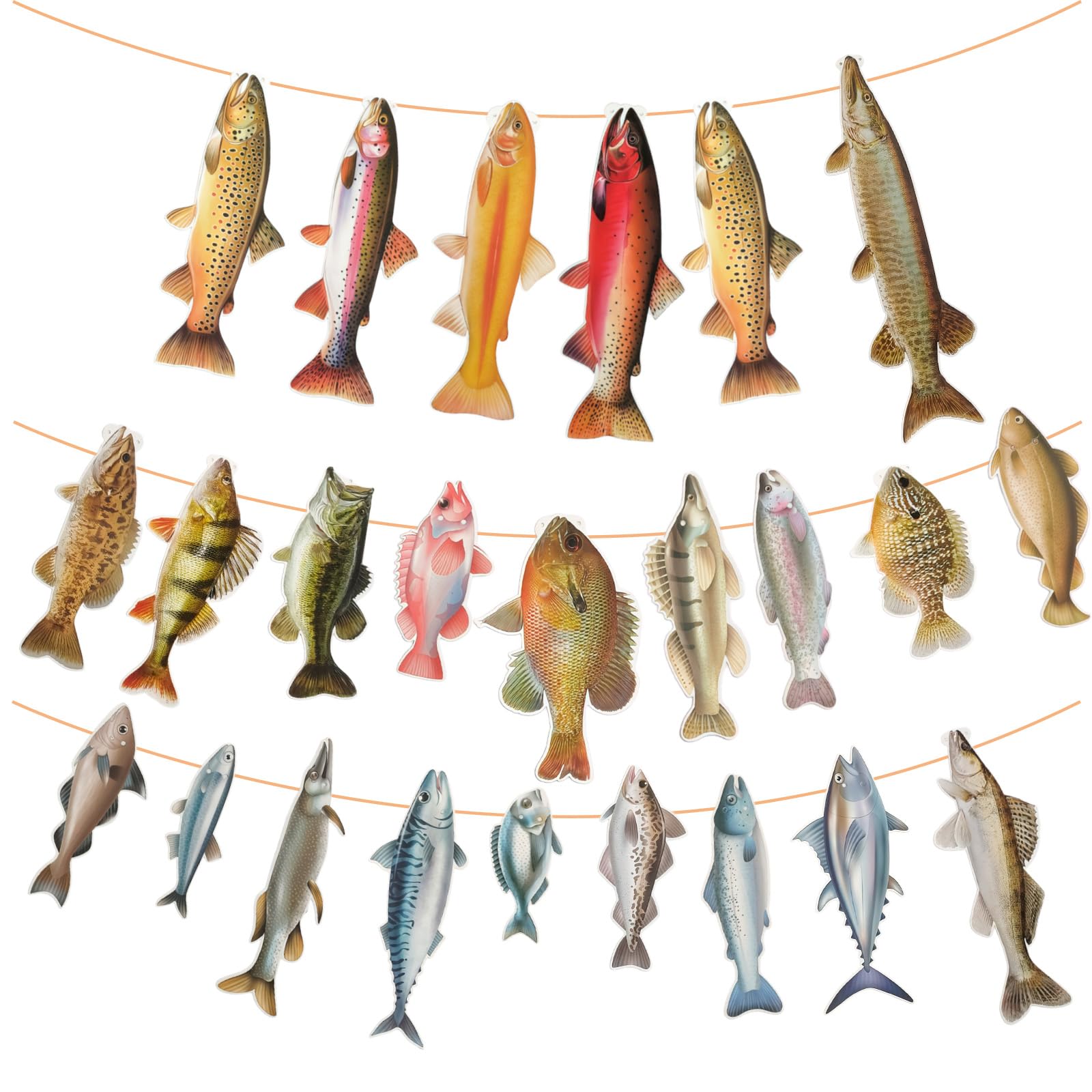 String of Fish Party Banner 24 PCS Fish Mix Bunting Fishing Birthday Party Decorations for Nautical & Fishing Theme Decorations Ocean & Fish Fry Party Father’s Day BBQs Fishing Background