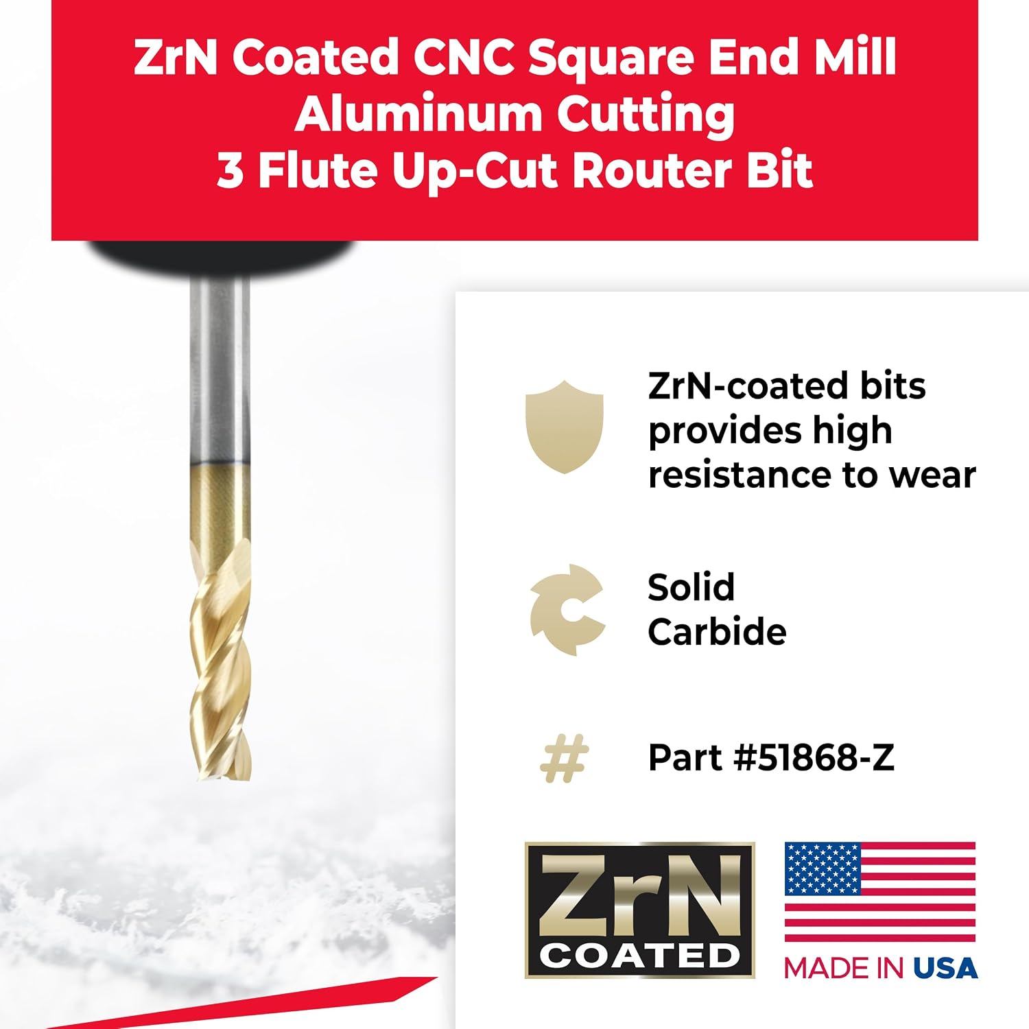 Amana Tool CNC Up-Cut Square End Mill Router Bit for Aluminum Cutting, ZrN Coated, 51868-Z, 3/8 Dia x 7/8 x 3/8 Shank x 2-1/2 Inch Long x 3 Flute