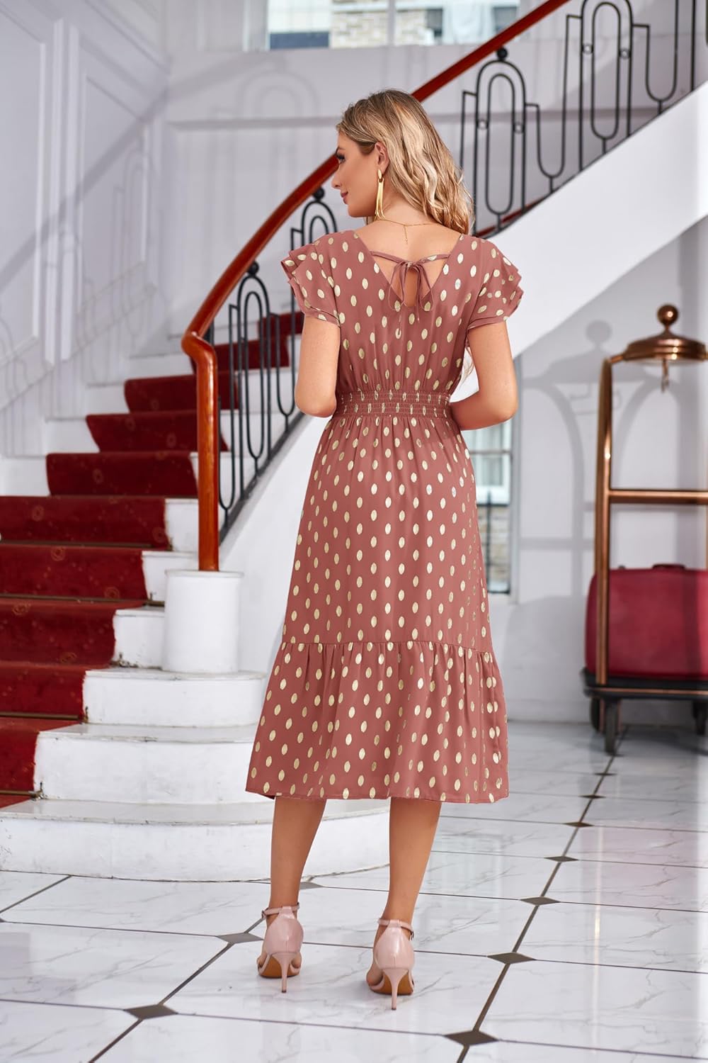 GRACE KARIN Women's Cocktail Dresses 2025 V Neck Ruffle Sleeve Dress, A-Line Midi Swing Wedding Guest Sundresses - Image 4