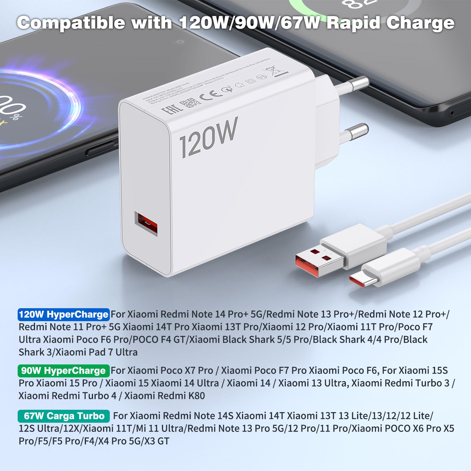 USB Charger and USB C Cable for Redmi Note 13 Pro+ 12 Pro+ 11 5G, 120W