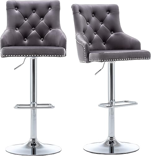 Miniatura 8 de BTEXPERT - Taburete de comedor tapizado de 25 a 33 pulgadas con respaldo alto, taburete de barra con cabeza de clavo copetudo negro (1)