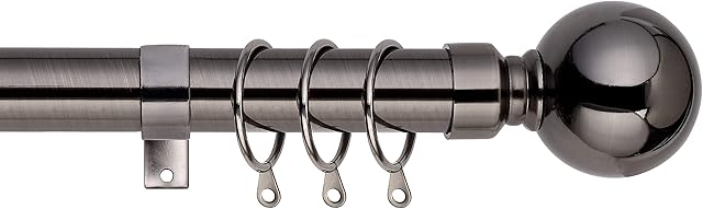 Plain Metal Ball Extendable Curtain Pole. Includes Pair Of Superior 60mm Size Finials, Rings, Brackets & Fittings Set. (Black Nickel, 160cm - 300cm, 63 Inch to 118 Inch)