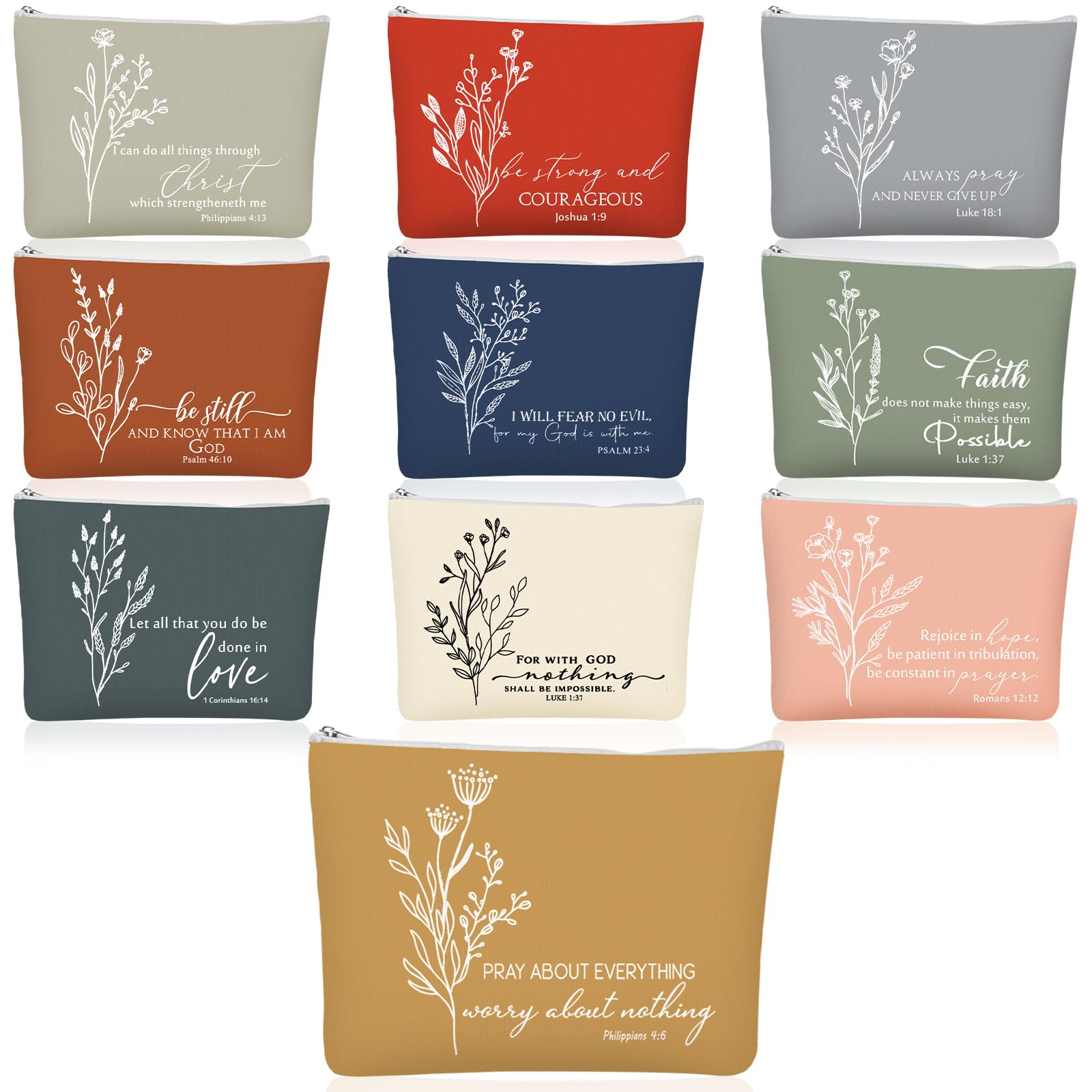 Huhumy 10 Pcs Christian Easter Gift for Women Bulk Religious Cosmetic Bags Inspirational Bible Verse Pencil Pouch Canvas Makeup Bag for Mothers Day