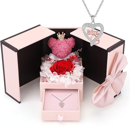 IDFALKFD El juego de regalos religiosos de rosa preservada incluye collar de cruz de piedra natal de plata de ley 925, día de la madre, cumpleaños,