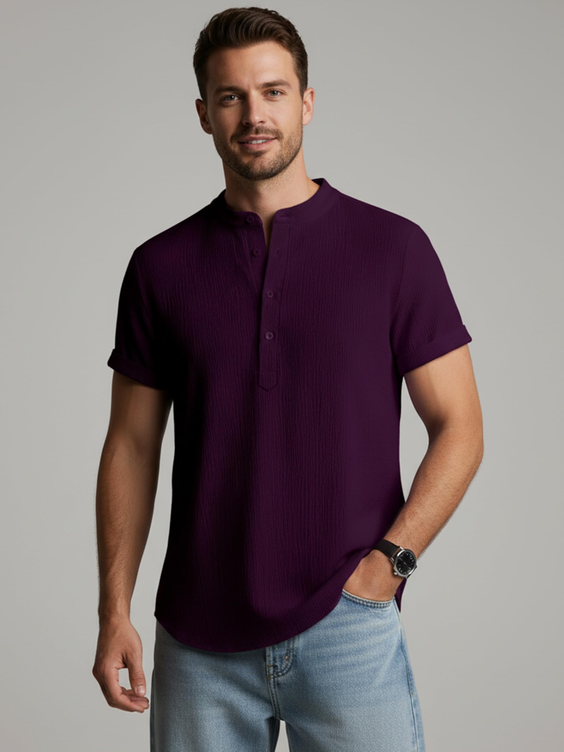 Men's Crinkle Textured Cotton Blend Kurta | Half Sleeve | Mandarin Band Collar | Casual Relaxed Fit | Summer Ethnic Kurta for Festive, Casual, Beach & Vacation Wear-picture-26