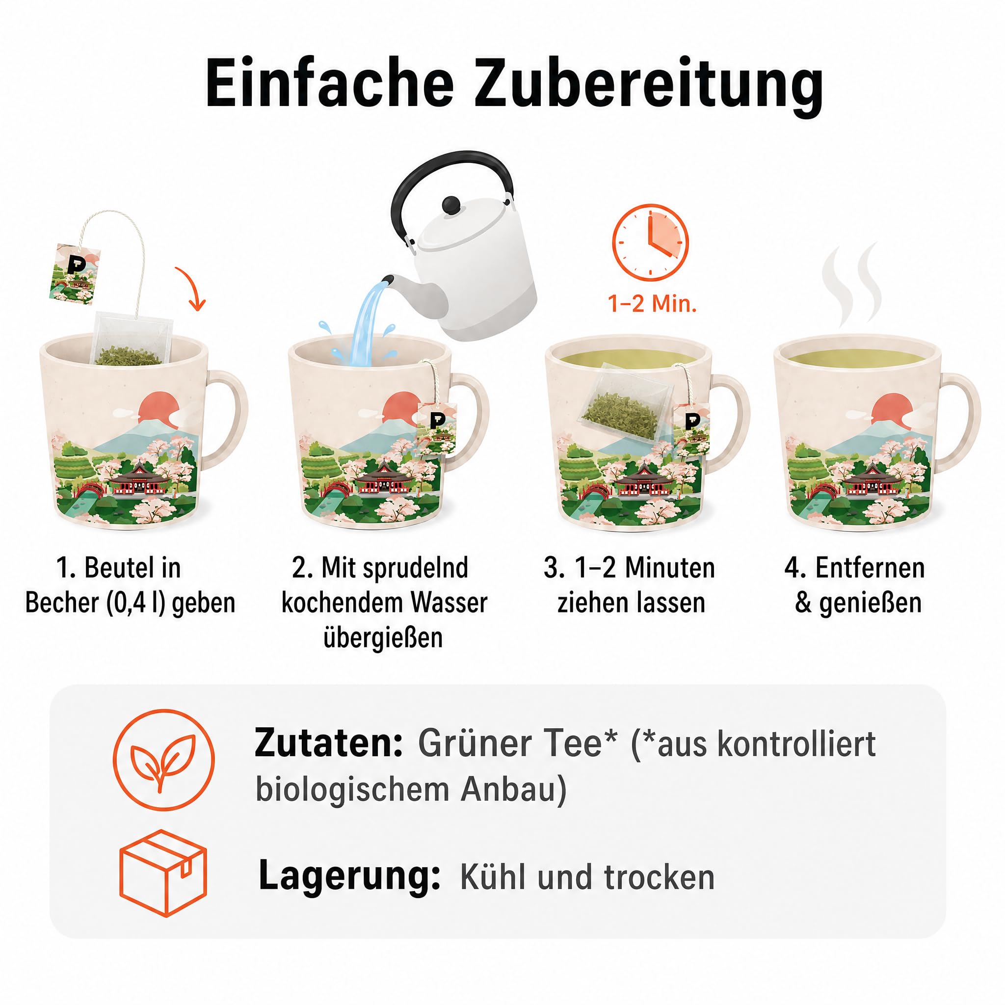 6 x Pure Tea Grüner Tee Sencha Hayato, japanischer Grüntee im Kissenbeutel, 15 Beutel à 3 g, Premiumqualität, Dispenserbox, frisch-duftiges Aroma