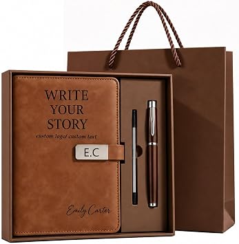 CRME Personalized Leather Journal Notebook and Pen Set Gift for Work,Brown