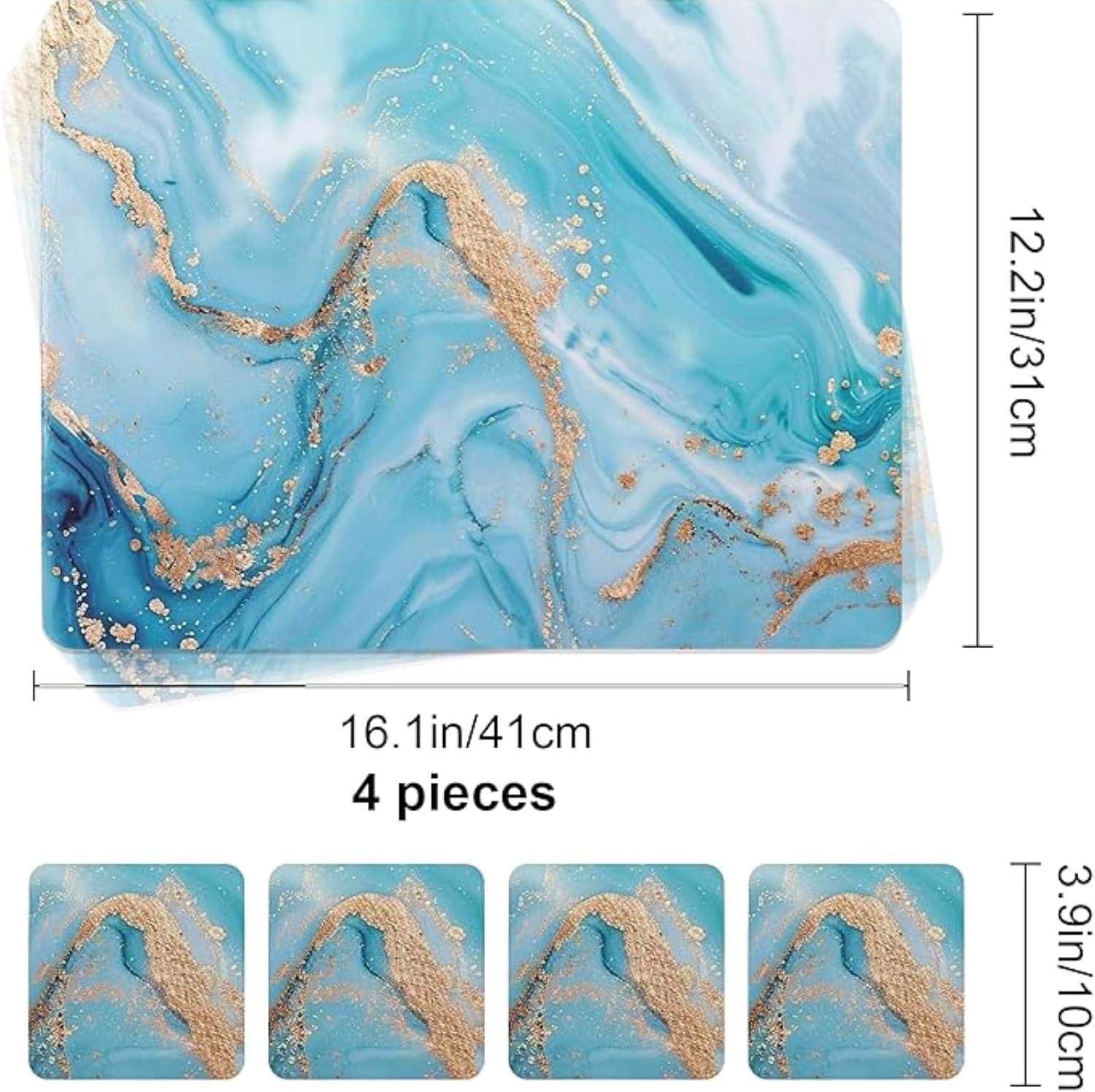 fanquare Cork Placemats and Coasters Set of 4, Marble Pattern Design Table Mats, Hard Surface, Heat Resistant & Easy to Clean Abstract Table Décor, Blue River