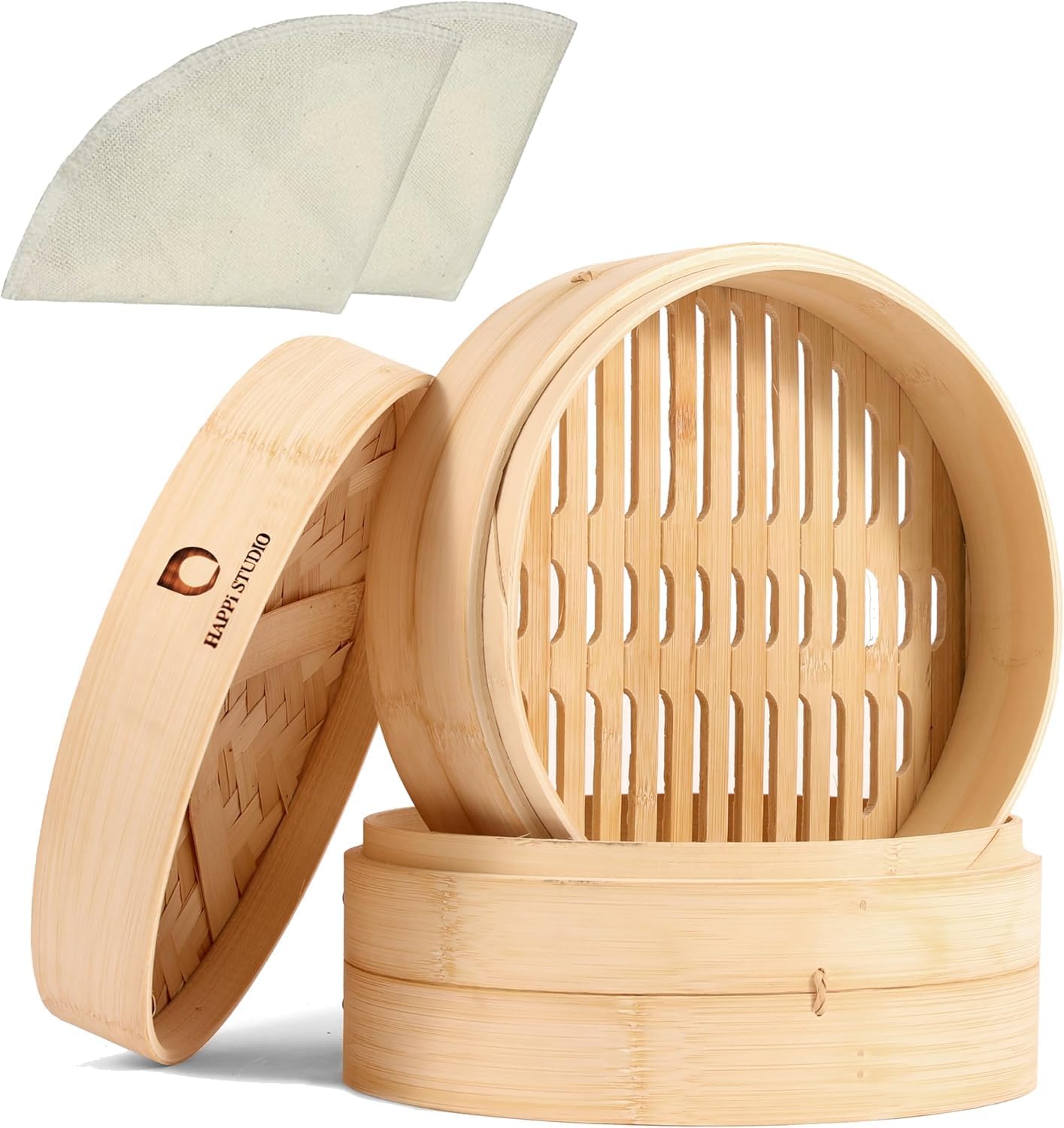 HAPPI STUDIO Bamboo Steamer Basket 10 Inch - 2 Tier Dumpling Steamer for Cooking Dim Sum Bao Buns Momo Rice Vegetables - Chinese Basket for Dumplings with Lid - Japanese Steam Baskets