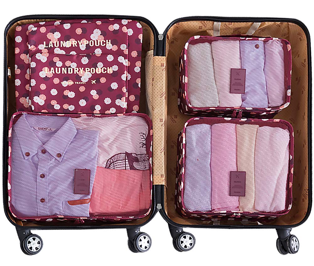 Travel Cubes,Mossio 7 Piece Compact Carry On Luggage Organizer Value Folders Travel Bag Wine Flower 1