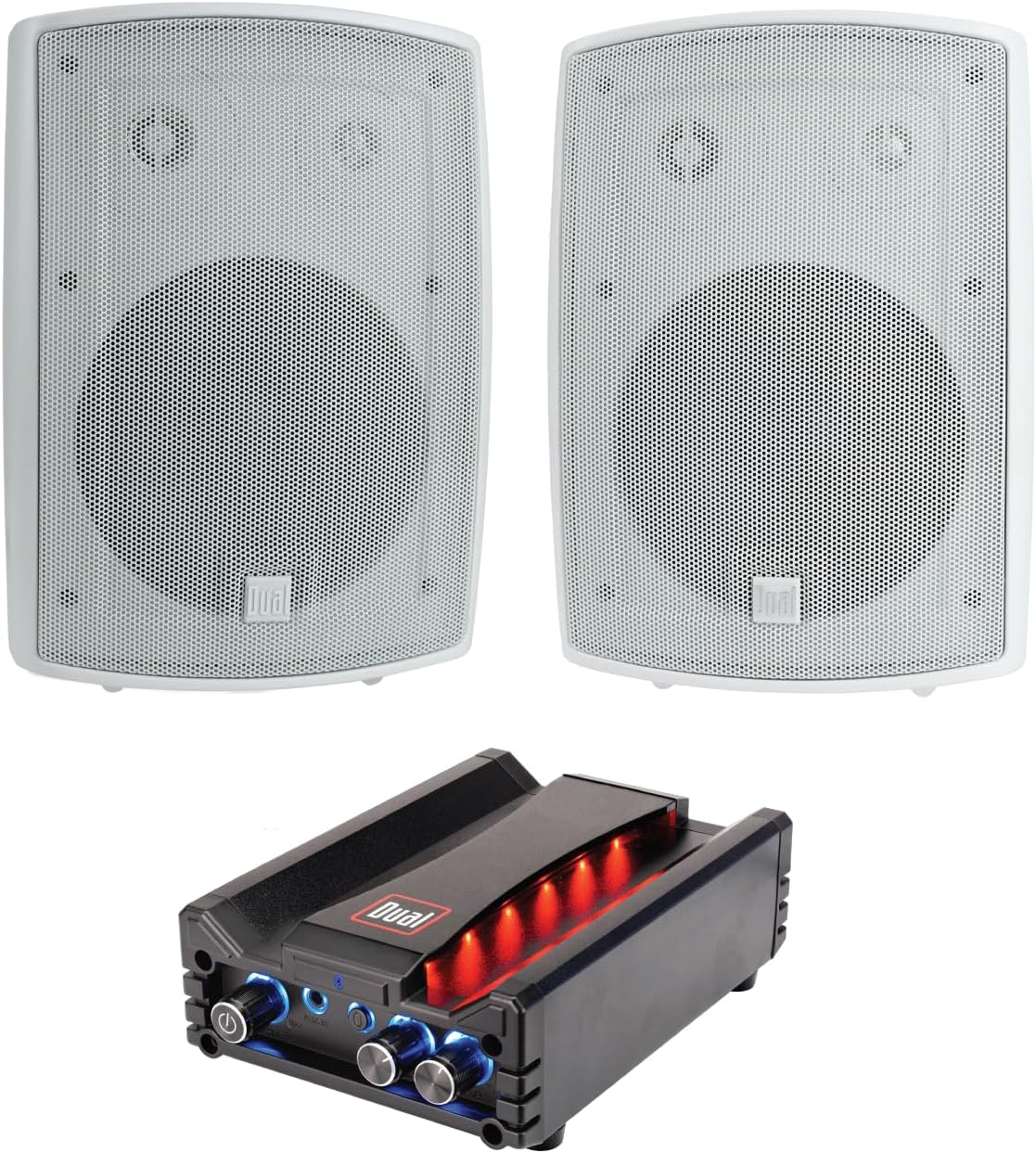 Dual Electronics LU63PW White 3-Way High Performance Outdoor Indoor Speakers DBTMA100 Black Micro Wireless Bluetooth 2 Channel Stereo Class-D Amplifier