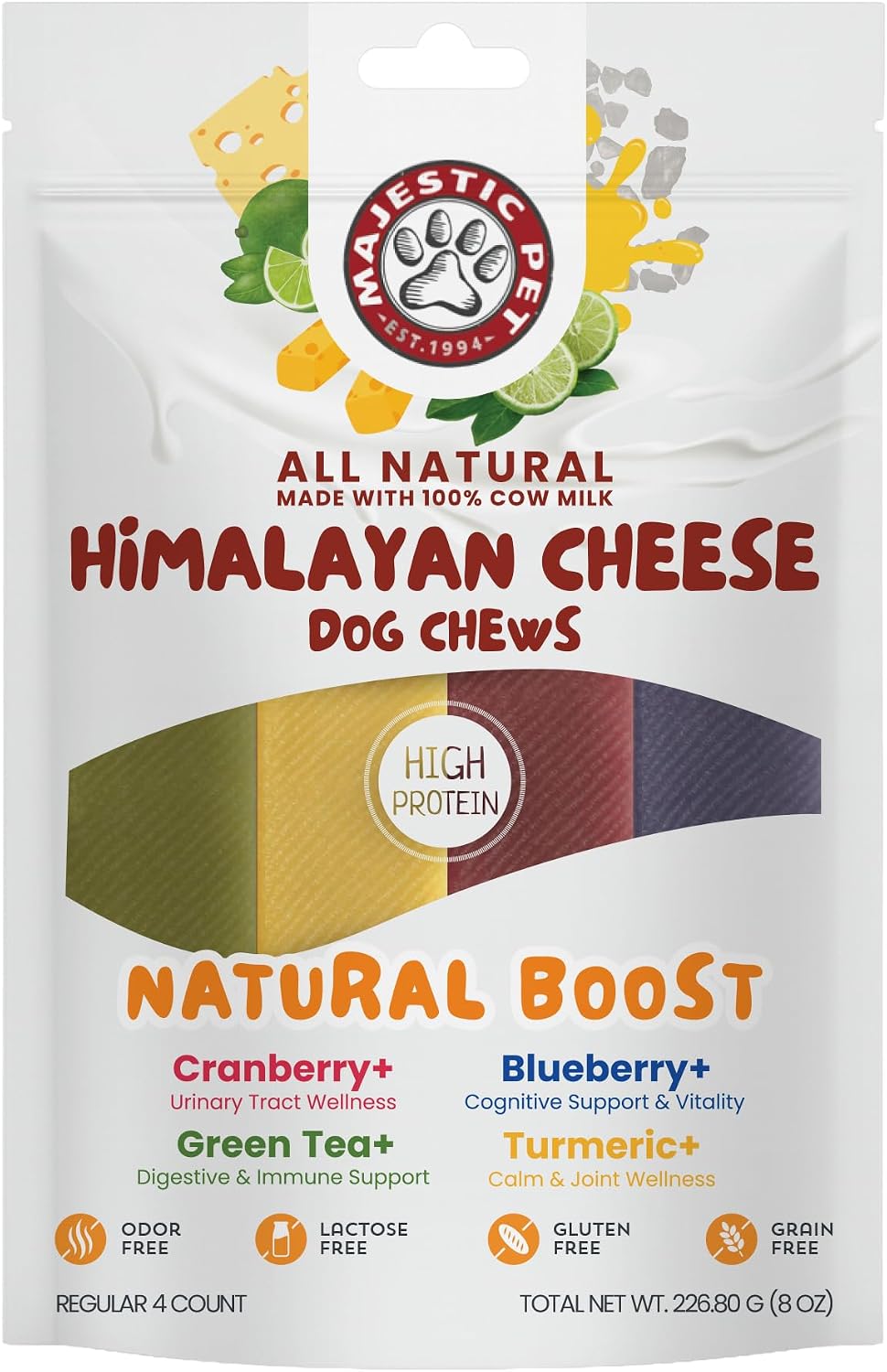 Majestic Pet Himalayan All-Natural Yak Style Cheese Dog Chews Made w/ 100% Cows Milk- Long Lasting Dental Chew for Dogs - Healthy Pet Treats Beneficial Ingredients (Natural Boost, Regular, 4 Pack)