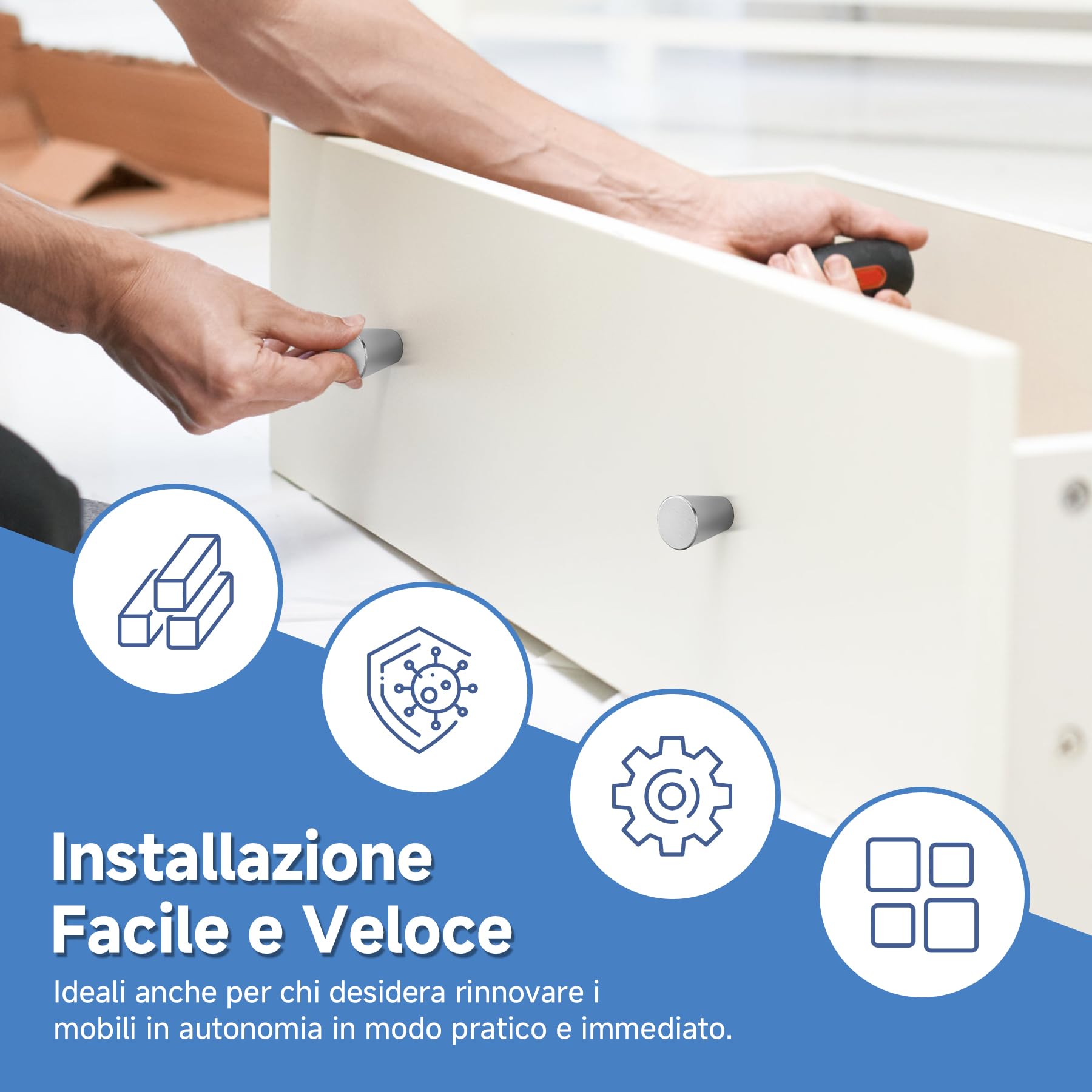 9 Pomelli per Mobili in Alluminio Opaco – Maniglie Rotonde per Cassetti con Viti, Stile Moderno per Armadi Cucina, Bagno e Rinnovo Mobili (Argento)