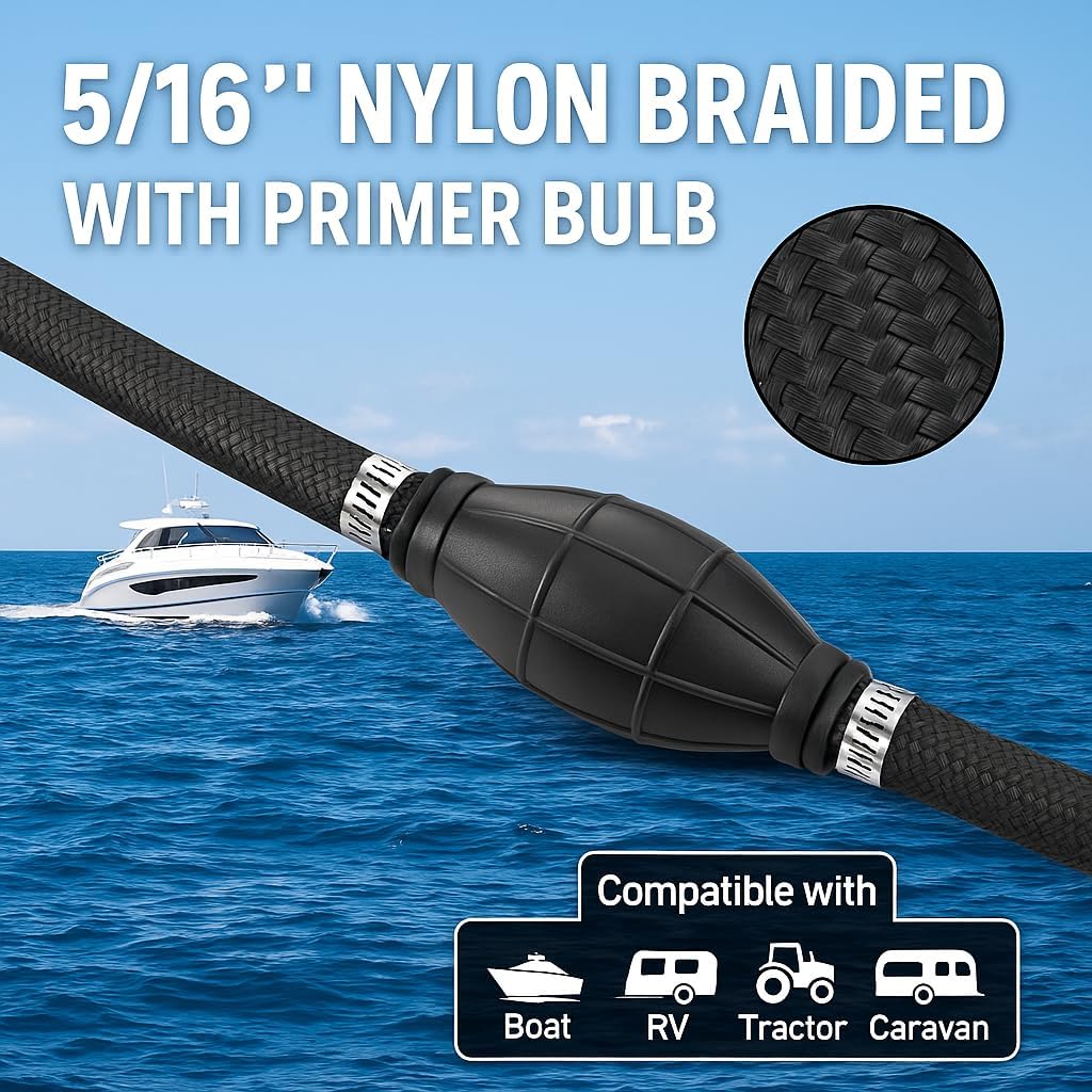 5/16" ID Marine Fuel Line Assembly with Primer Bulb Nylon Braided Marine Fuel Hose Assembly for Outboard Boat Motor RVs Tractors Lawnmowers and Caravans (5/16" ID, Length: 12 Ft)