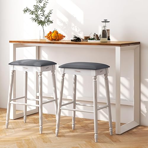 Miniatura 8 de Giantex Juego de 4 taburetes de bar de 29 pulgadas de altura de barra con asiento acolchado, patas de madera de goma, reposapiés y superficie