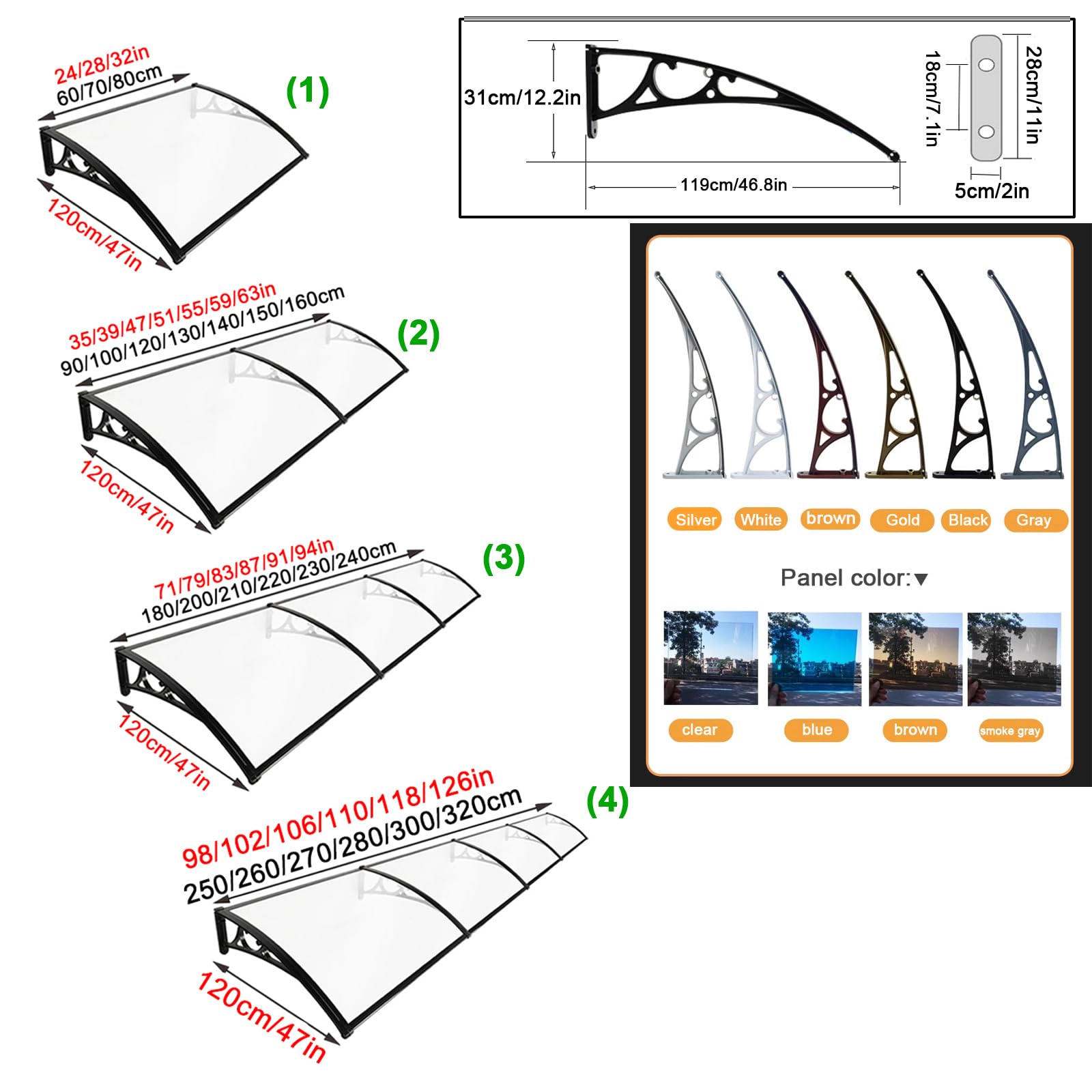 Transparentes Aluminium-Türvordach, UV-Schutz, 99 %, 4 Farben, schlankes Design, 120 x 120 cm / 47x47in, strapazierfähiges Polycarbonat und Aluminium, stilvolle Eingangsabdeckung.