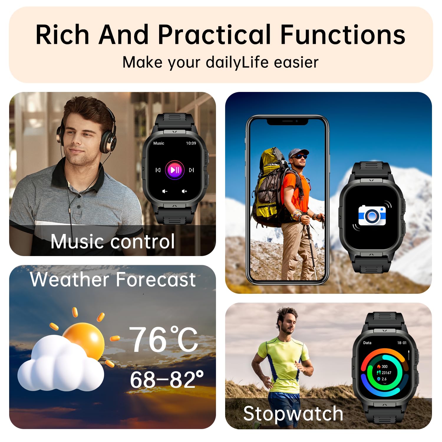 Smart Watch for Men Fitness Tracker: Waterproof Military Digital Mens Watches Running Make Answer Call Smartwatch Android Phone iPhone Samsung Compatible Sleep SpO2 Heart Rate Monitor Step Pedometer