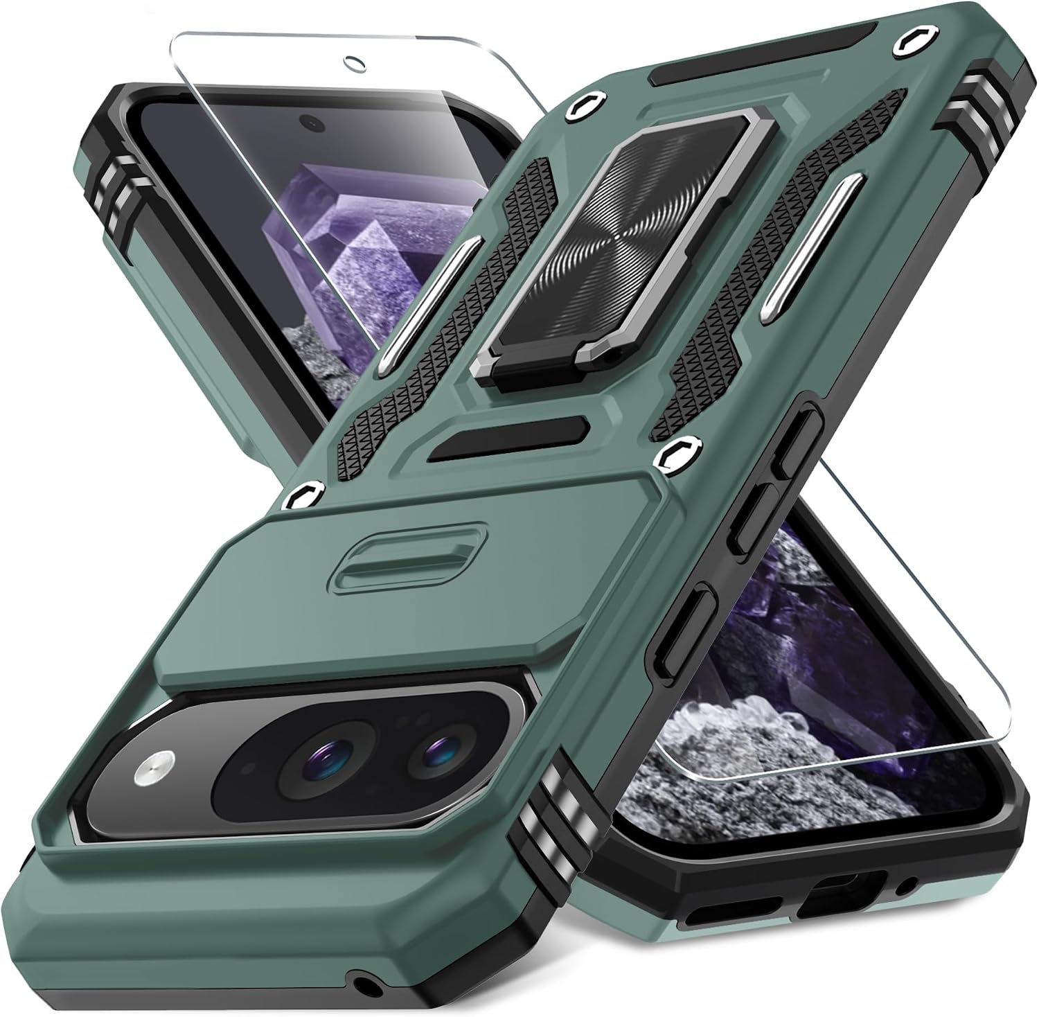 deerlamn case for google pixel 9/9 pro with slide camera cover+screen protector(1 pack), rotated ring kickstand military grade shockproof protective cover-green for pixel 9/9 pro 6.3-inch green