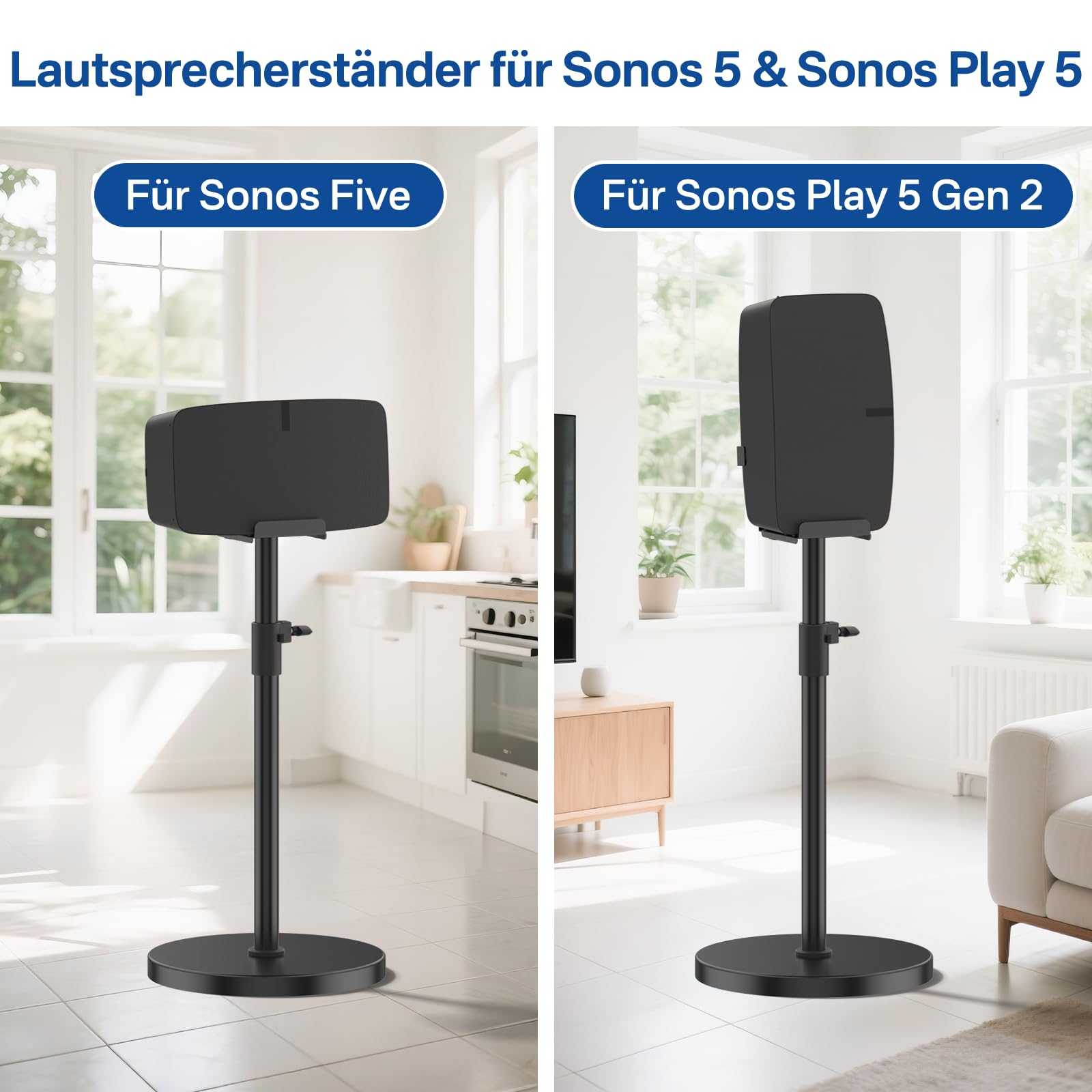 Soporte de Altavoz de Altura Ajustable: Soporte de Suelo para orientación Vertical y Horizontal,Compatible con Sonos Play:5 (2.ª generación) Sonos Five con gestión de Cables, Negro.