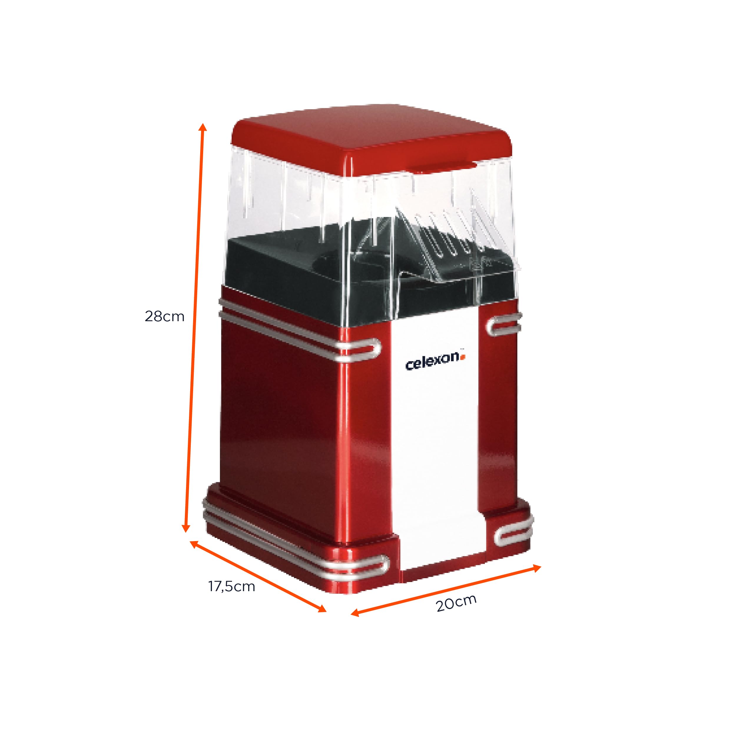 celexon CinePop CP250 maszyna do popcornu – 22 x 17,5 x 28,5 cm – waga: 1,3 kg – czerwona/retro – bez oleju/niskotłuszczowego – urządzenie do robienia popcornu z gorącym powietrzem