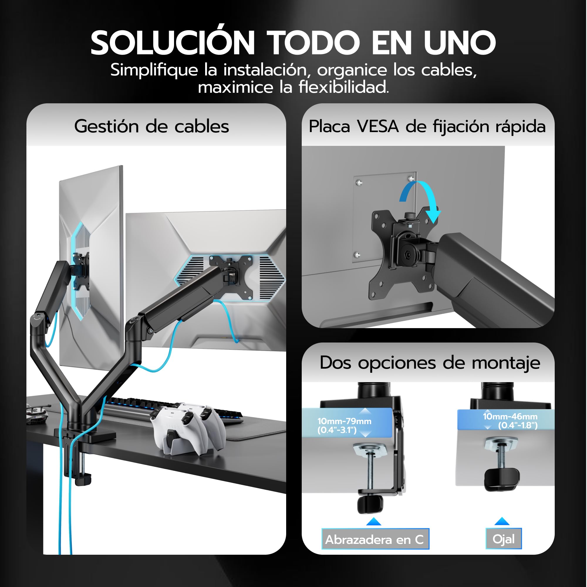 ARES WING Brazo Doble para 2 monitores de 17 a 35 Pulgadas, VESA 75/100 | Soporte para monitor de pantalla plana y curva, brazo de monitor para juegos con gestión de cables, inclinación / rotación