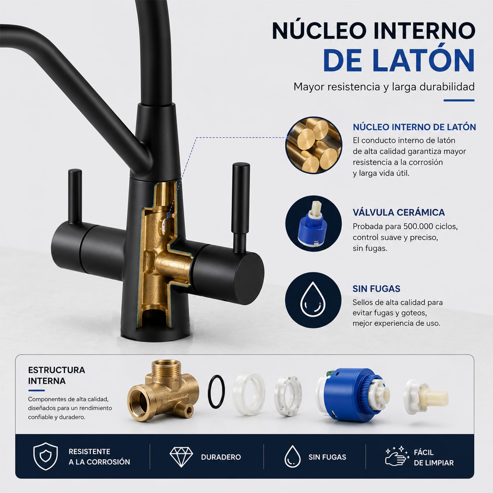 Grifo de Cocina 3 Vías Negro Satinado para Ósmosis, Agua Fría y Caliente, Latón Macizo