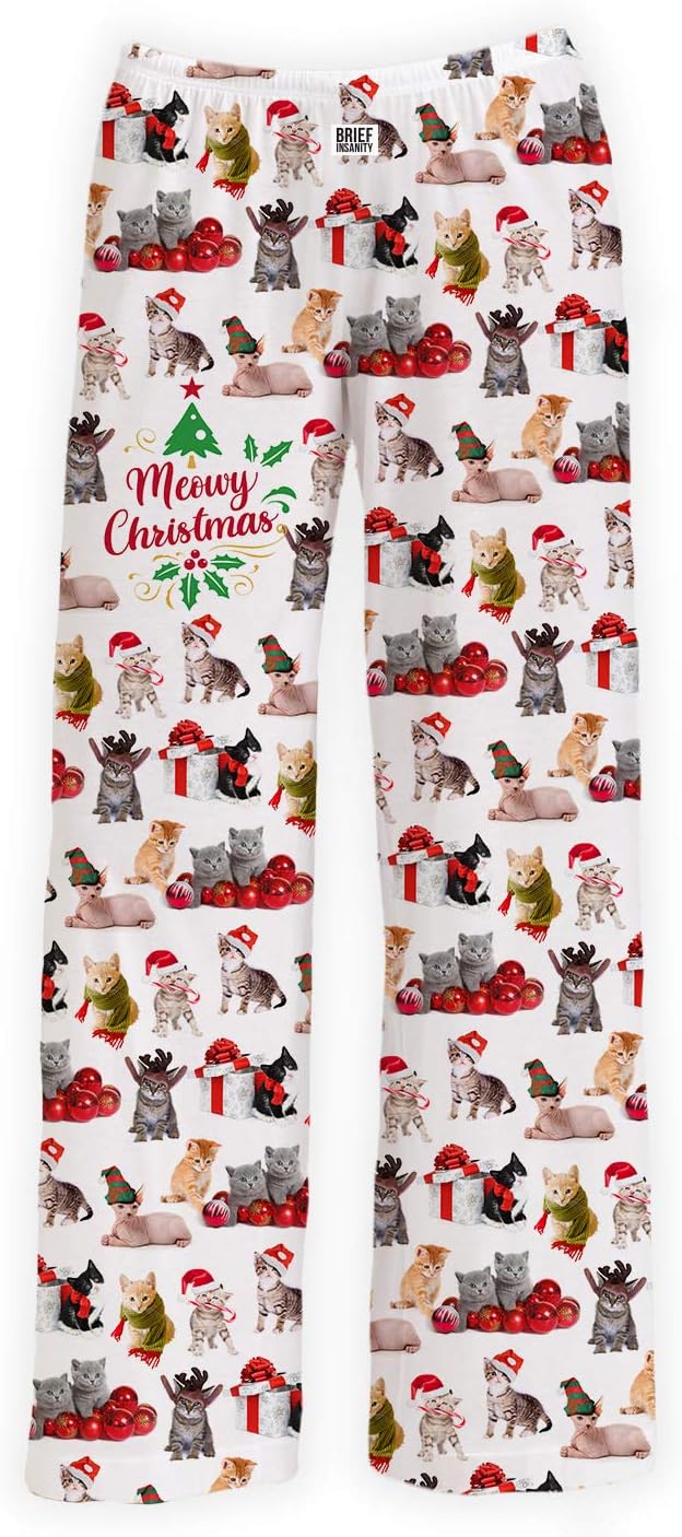 Meowy Christmas Lounge Pants Sleep Bottoms | Loungewear and Sleepwear - Unisex Adult Kitty Cat Print (S - XXL)