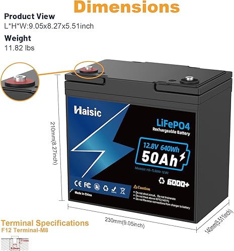 Miniatura 2 de Batería LiFePO4 de 12 V 50 Ah, batería de fosfato de hierro de litio de 12 voltios con BMS de 50 A, potencia de salida de batería de litio de ciclos
