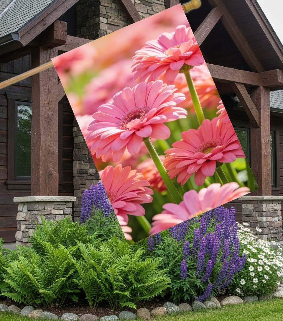 Gerbera Daisy Flowers Spring Summer Pink Green Floral Daisies Plant Field House Flag 28 x 40 Inch, Double Sided Large Garden Yard Welcome Flags Banners for Home Lawn Patio Outdoor Decor
