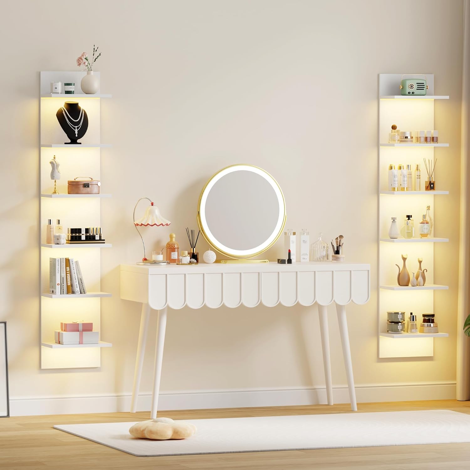 6 Tier Wall Shelf Unit with LED Light, Display Floating Storage Home Decor Organizer Shelves for Bedroom Living Room, White