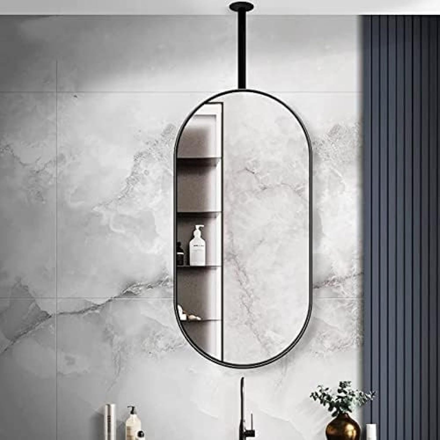 Specchio Ovale con Cornice in Metallo Nero Specchio Appeso A Soffitto Bagno Galleggiante Specchio Decorativo da Parete Specchi da Toeletta Specchi da Barba Cosmetici per Il Trucco P, 40cmx60cm