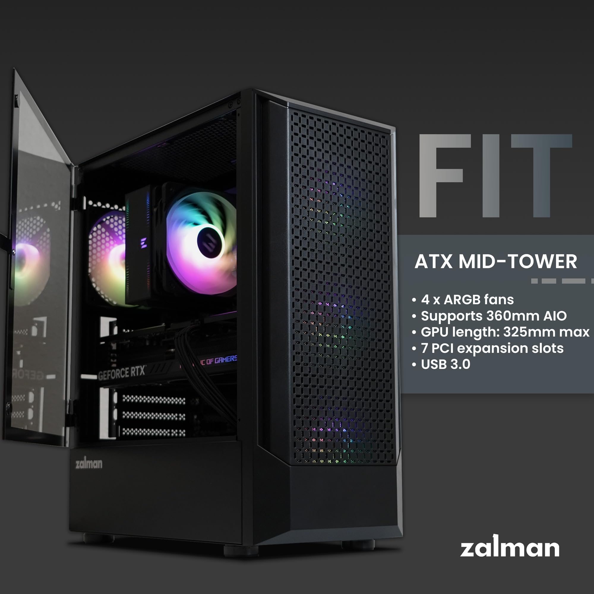 Zalman FIT ATX PC Case, High Airflow, 4 x 120mm ARGB Ventole preinstallate, Pannello laterale in vetro temperato, USB 3.0, Compact Mid-Tower Gaming Computer Case, Nero