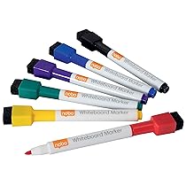 Nobo, Set 6 Pennarelli cancellabili a secco con inchiostro sicuro per lavagna, Marcatore punta a sfera a facile scorrimento da 2 mm con copri angolio magnete e cancellino, Colori Assortiti, 1903792