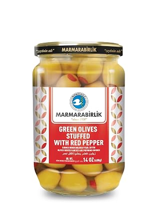 Marmarabirlik Turkish Green Olives Canned, Stuffed with Red Pepper, 14oz | Natural Mediterranean Pickled Olive for Salads, Mezze & Fresh Food Platters, Vegan, Kosher, Halal, Healthy Snack Packs, Large