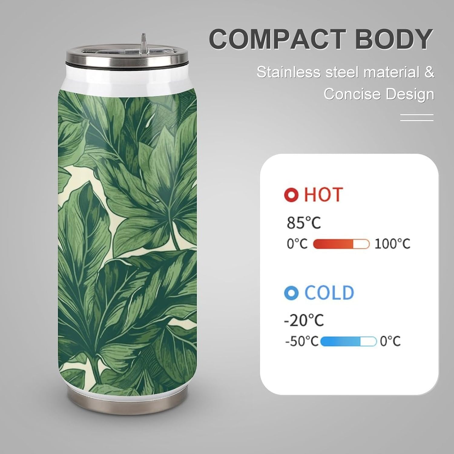Stainless Steel Cups Green Foliage Botanical Printed Coke Cup Stainless Steel Insulated Cups with Lid And Straw