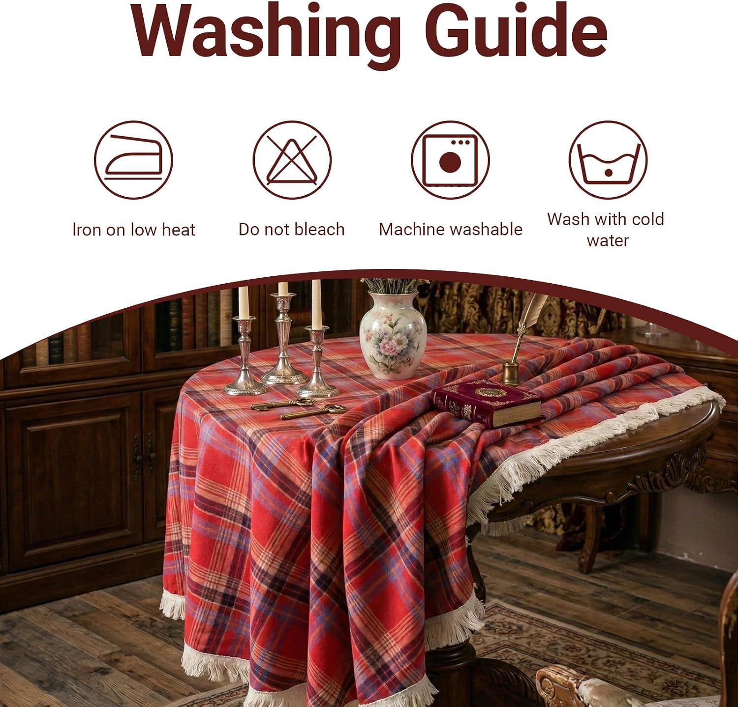 Q&J FABRIC CO. Plaid Tassel 55x55 Inch Square Tablecloth Poly Cotton Red Boho Gingham Table Cloths Washable Tartan Table Cover Wrinkle Free for Dining Room Kitchen Party Picnic Decor