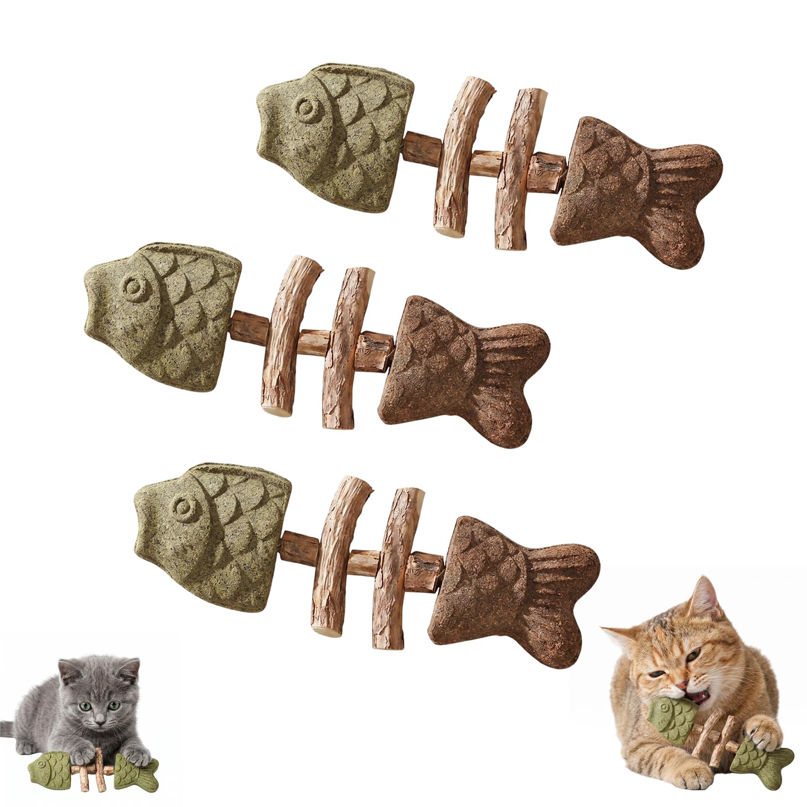 Natural Fishbone Catnip & Silvervine Chew Cat Toy, Fix Your Cat’s Dental Health, Wooden Catnip Teeth Cleaning Stick, Interactive Kitten Chew Playthings (Mixed Flavor*3)