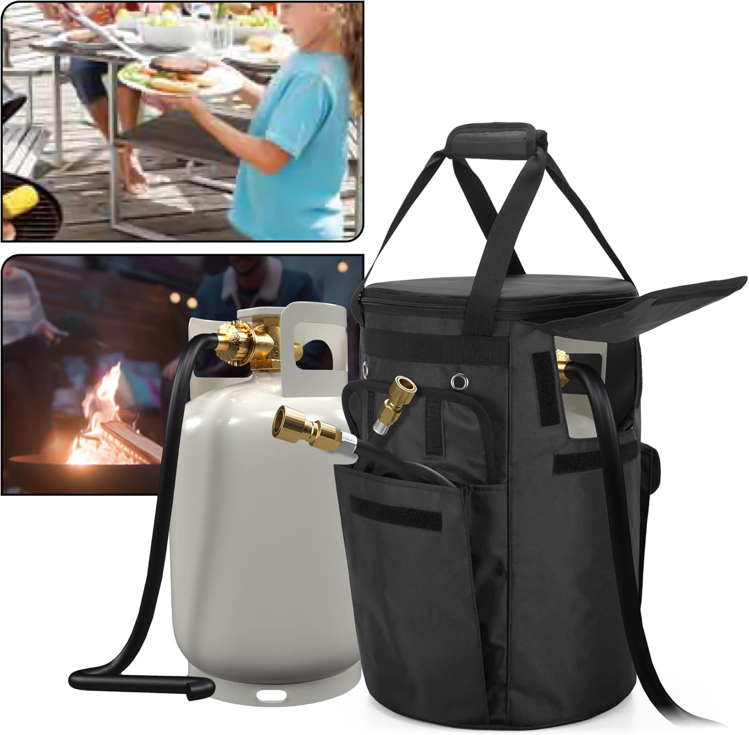samdew Propane Tank Cover, 20 lb Propane Gas Tank Bag with Side Flip Flap and Stable Tabletop Feature, 2 Storage Pockets, Ventilated with 4 Holes, Water & Wear Resistant, Black, Bag Only
