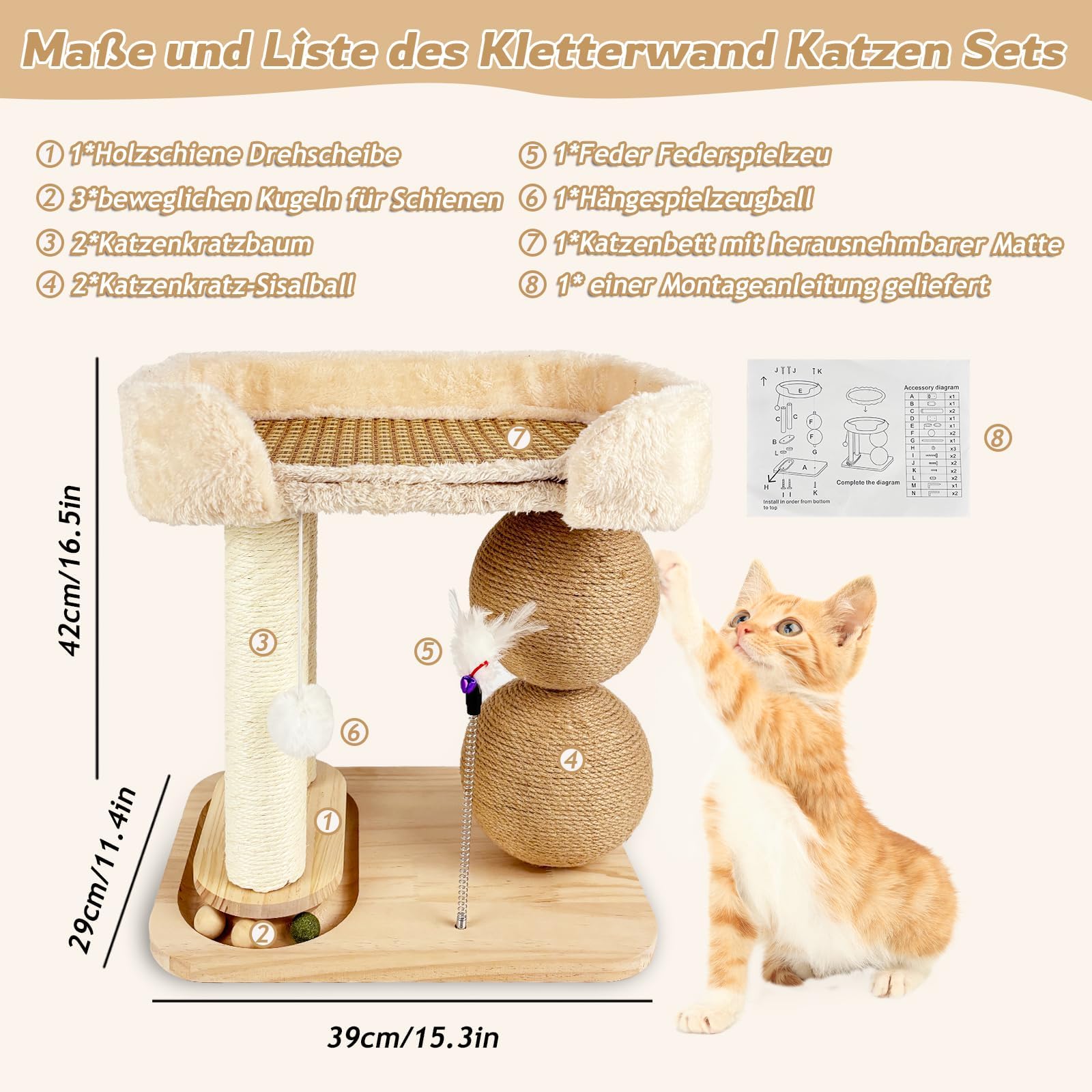 Juguete interactivo para gatos de madera 6 en 1, muebles para gatos con bolas colgantes, bola giratoria Smart Track Ball, alfombrilla de refrigeración para cama de gatos, plumas, árbol rascador de