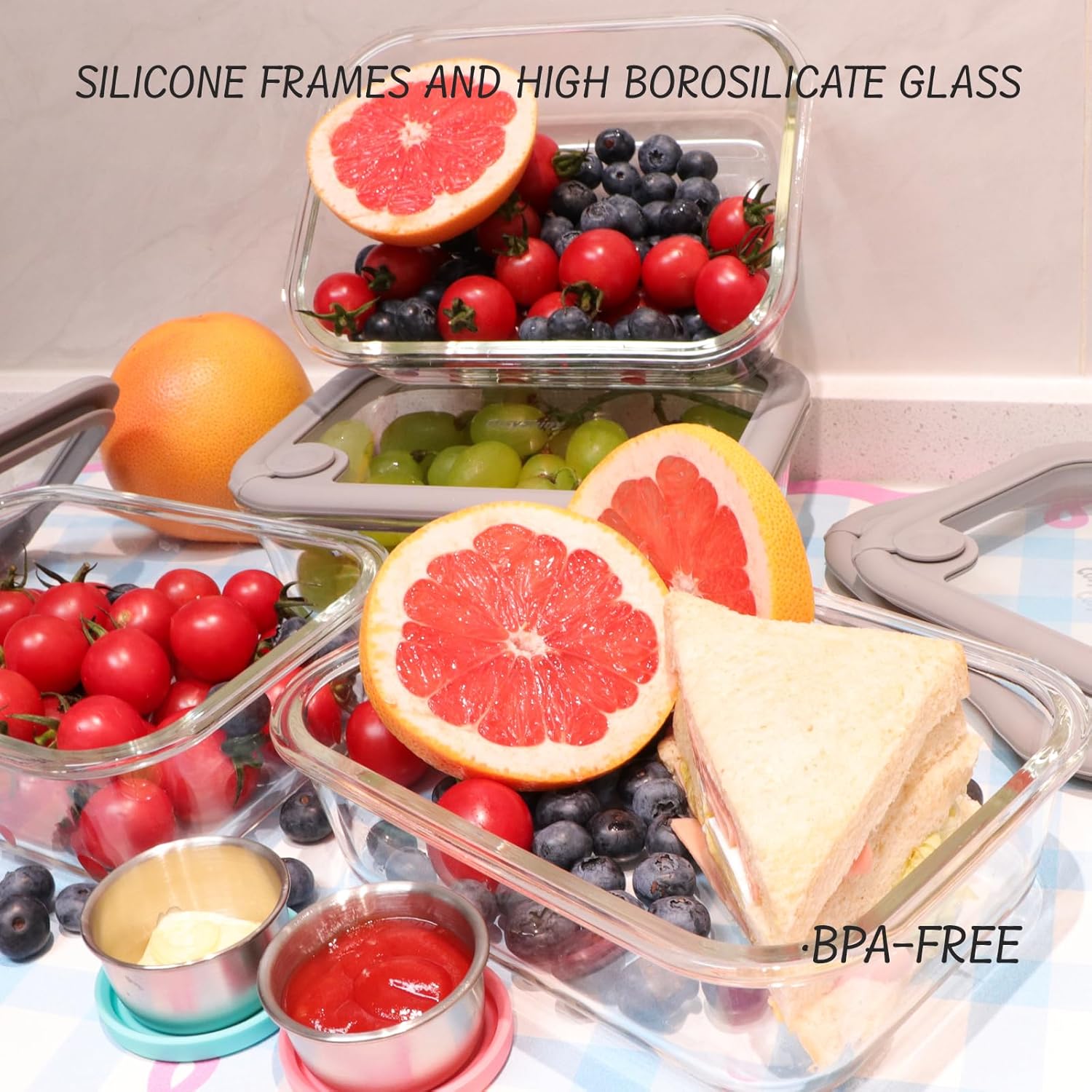 Glass Food Storage Containers with Silicone Glass Lids, Stainless Steel Salad Dressing Containers, Microwave-safe LeakProof Food Containers Set, 4-pack 35 oz（Grey） - Image 6