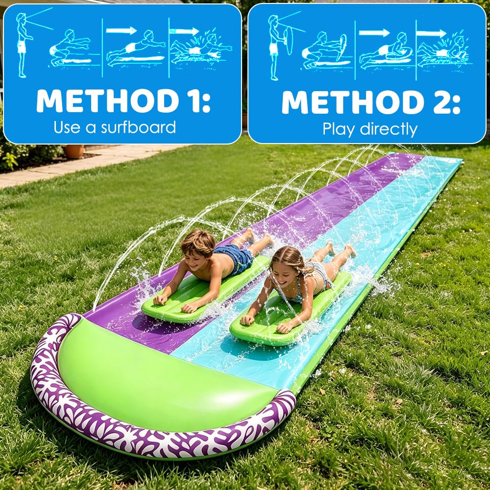 Wasserrutsche Garten, 6,1 * 1,4M Doppel Wasserrutschmatte, Wasserspielzeug Outdoor mit 2 Surfboard, Rasen Wasserrutsche Rutschmatte mit Sprinkler, Wasserbahn Duell für Garten Rasen