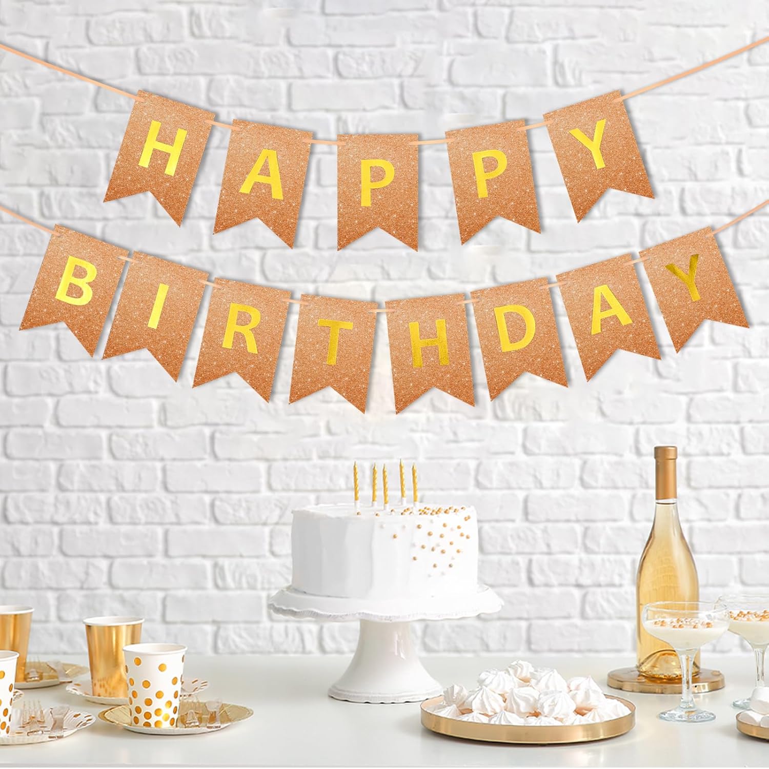 Glitter Happy Birthday Banner Champagne Sign for Kids, Boys, Girls, Women, Men - Party Decors and Supplies for Adults