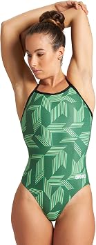 ARENA Womens Swimsuit Puzzled Team Print MaxLife Sports Suit Light Drop Back One Piece Bathing Suit Competition Training Racing Swimwear, Black/Green Multi, US Size 22